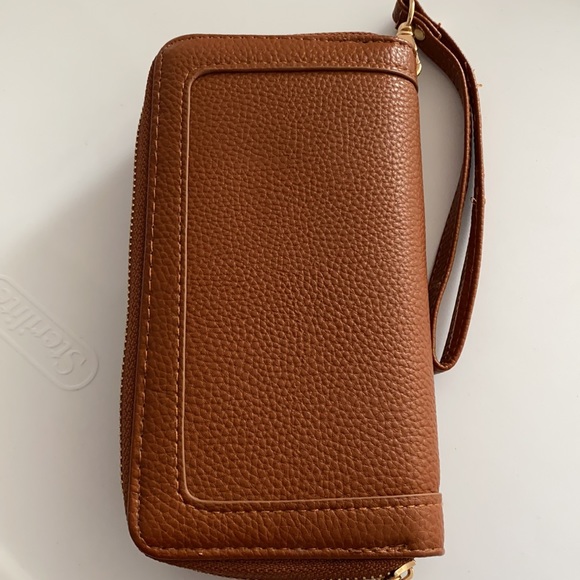 Under One Sky wristlet 8”x4”x1.5”. Caramel brown with floral embellishments. - Picture 3 of 6